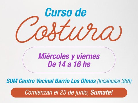 El municipio dictará un curso gratuito de costura en el Centro Vecinal del barrio Los Olmos