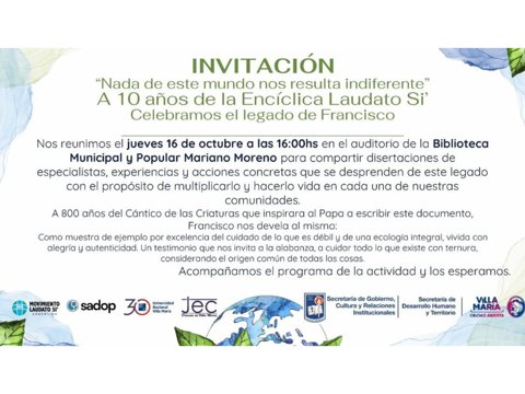 El municipio invita a participar de una jornada en el marco del 10° aniversario de la Encíclica Laudato Sí