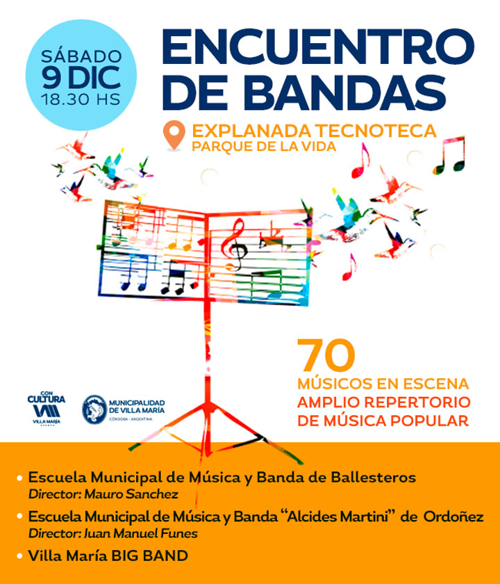 Villa María: Habrá una tarde de música al aire libre en el Parque de la Vida con la participación de músicos locales y bandas de la región