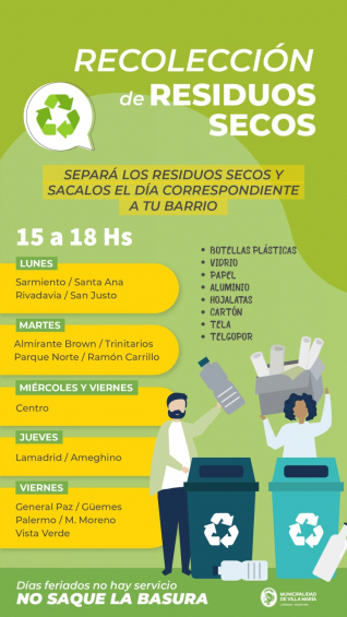 Villa María: El Municipio recuerda días y horarios de la recolección diferenciada de residuos secos