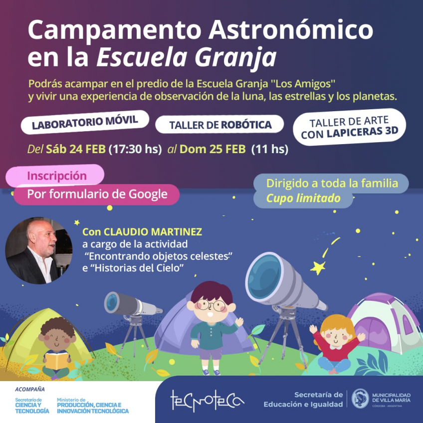 Villa María: 24 y 25 de febrero: llega el Campamento Astronómico en la escuela granja 