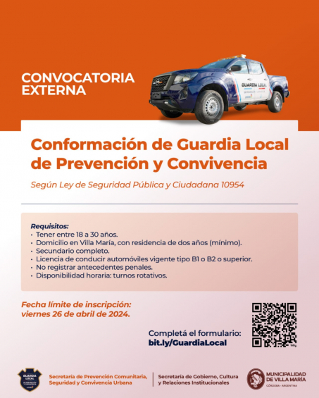 Villa María: Abren la convocatoria para formar parte de la guardia local de prevención y convivencia