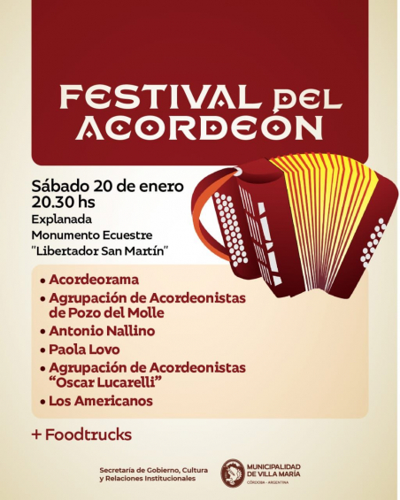 Villa María: El Festival del Acordeón reunirá a aficionados este sábado 20 
