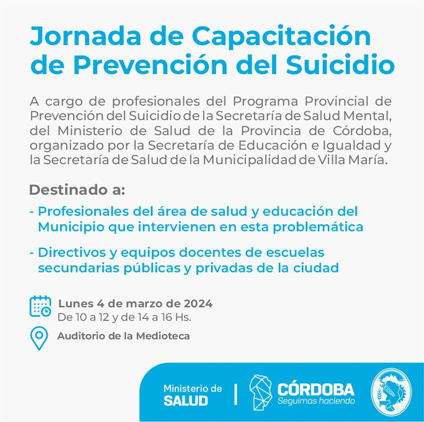 Villa María: El Municipio ofrece una jornada de capacitación sobre la prevención del suicidio